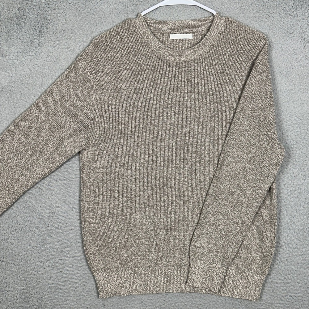 Zara Sweater Mens Large Ribbed Knit Tan White Heathered Crew Neck Pullover EUC
